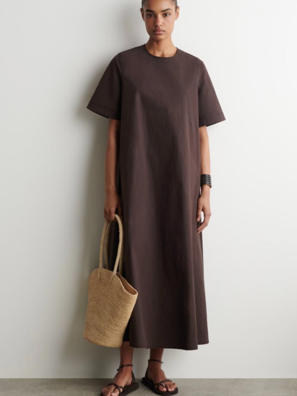 COS Raw cut cotton oversized Brown midi dress-Size 8